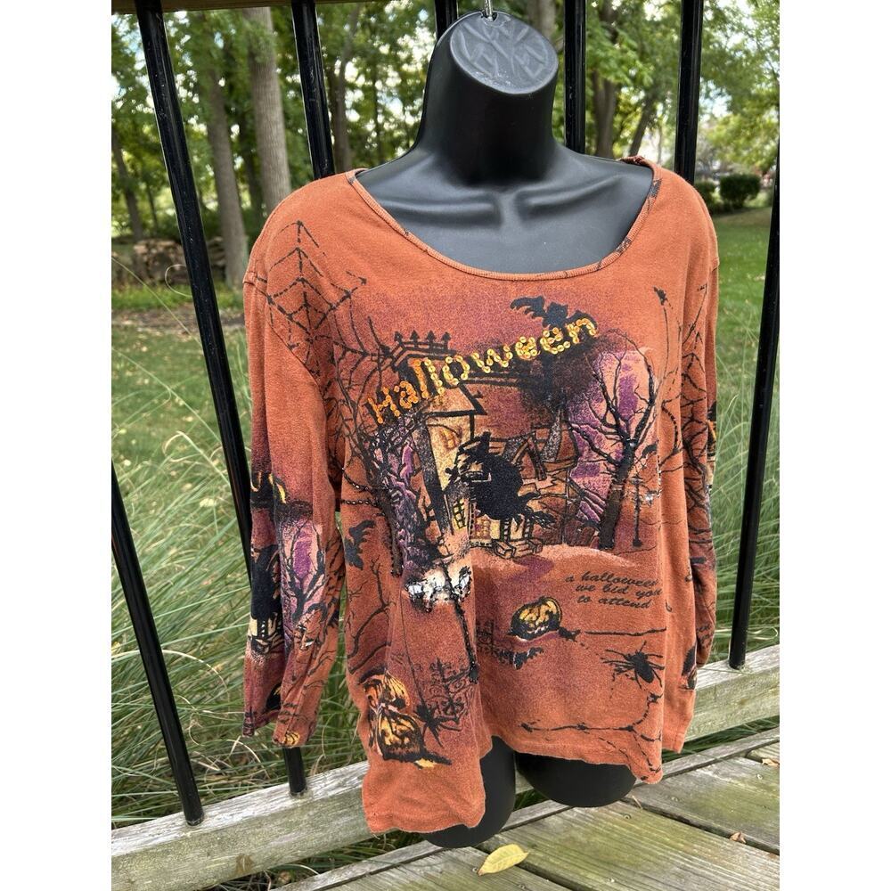 Vtg Y2K Halloween Shirt Jane Ashley Witch Goth Spiders Sequin 1X XL Pumpkin
